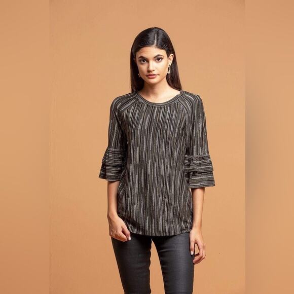 Anthropologie Eva Franco Ruffle Sleeve Gold Rush Blouse‎ Holiday Large - Picture 7 of 8